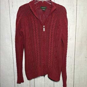 Eddie Bauer Vintage Cotton Cableknit Fisherman Style Zip Up Collared Sweater MT